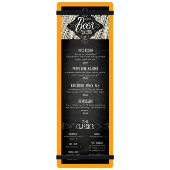Menu Solutions ACRB-BD Orange 4 1/4" x 14" Customizable Acrylic Menu Board with Rubber Band Straps