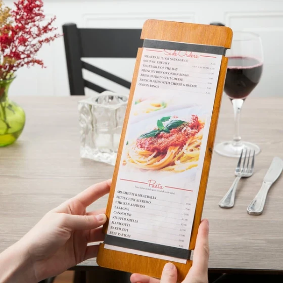 Menu Solutions WDRBB-BA Country Oak 4 1/4" x 11" Customizable Wood Menu Board with Rubber Band Straps