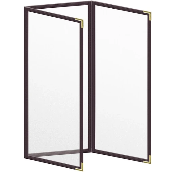 H. Risch, Inc. TET Deluxe Sewn 4 1/4" x 11" Brown 6 View Foldout Vinyl Menu Cover With Gold Smooth Corners and Matte Finish