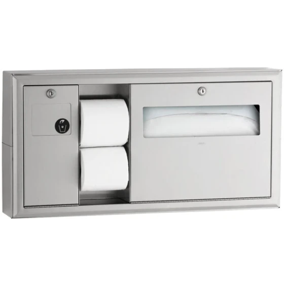 Bobrick B-30919 ClassicSeries Horizontal Surface Mounted Toilet Seat-Cover and Toilet Tissue Dispenser with Sanitary Napkin Disposal - Left