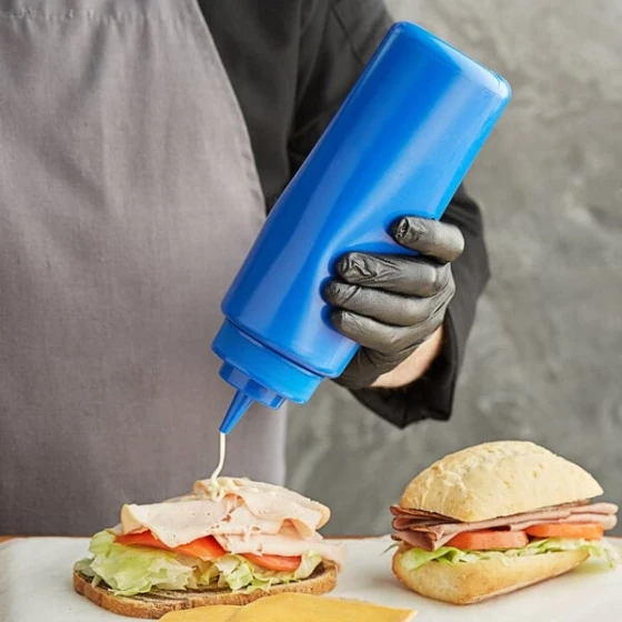 Choice 32 oz. Blue Wide Mouth Squeeze Bottle - 6/Pack