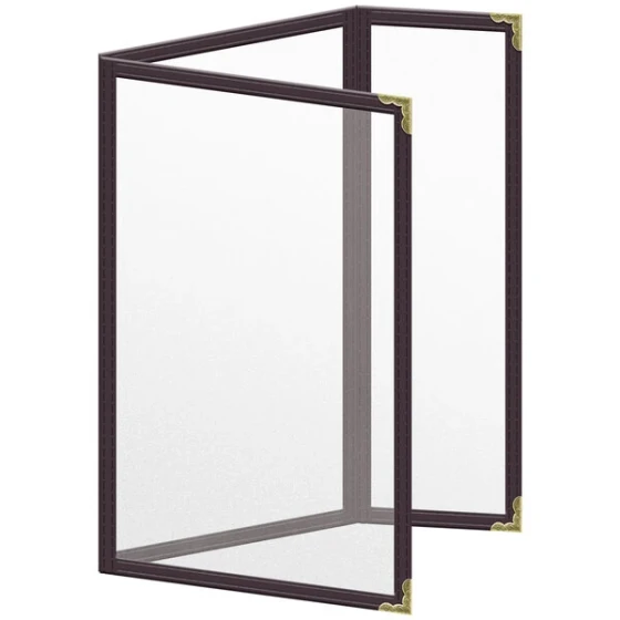 H. Risch, Inc. TEDQ Deluxe Sewn 5 1/2" x 8 1/2" Brown 6 View Menu Cover with Gold Decorative Corners and Matte Finish