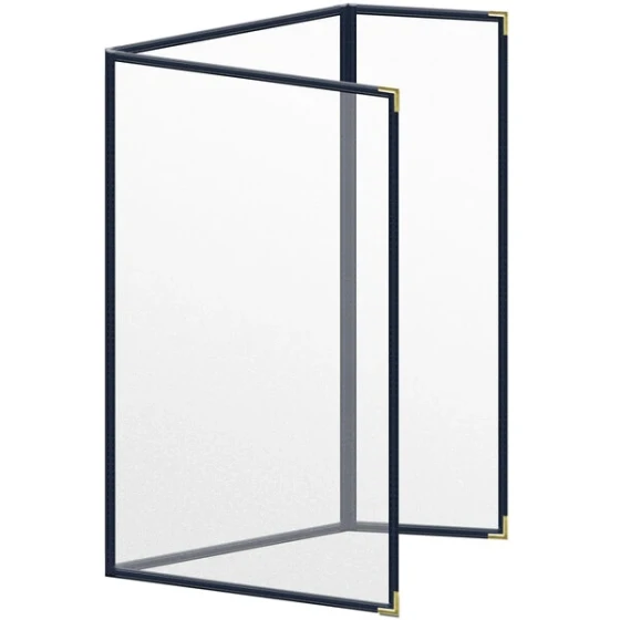 H. Risch, Inc. TEDQ Deluxe Sewn 8 1/2" x 14" Blue 6 View Menu Cover with Gold Smooth Corners and Matte Finish