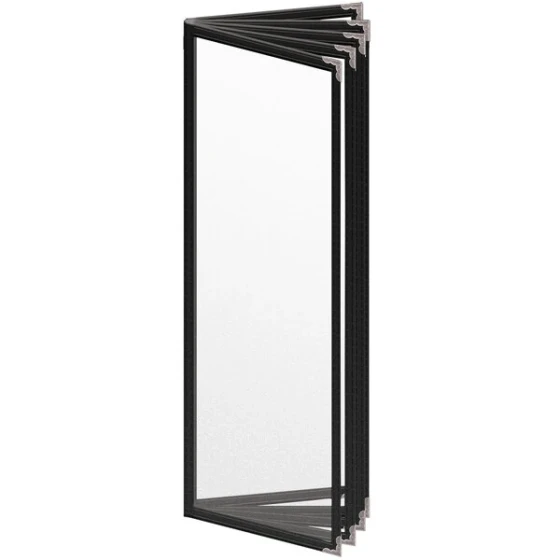 H. Risch, Inc. TE-10V Deluxe Sewn 4 1/4" x 14" Black 10 View Vinyl Menu Cover with Silver Decorative Corners and Matte Finish