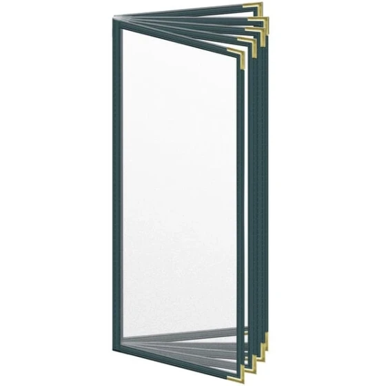 H. Risch, Inc. TE-10V Deluxe Sewn 4 1/4" x 11" Green 10 View Vinyl Menu Cover with Gold Smooth Corners and Matte Finish