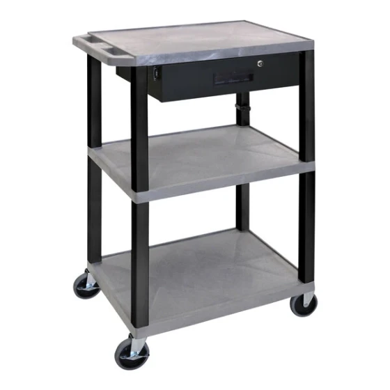 Luxor Tuffy 24" x 18" x 42 1/2" Gray / Black Plastic 3-Shelf Powered Utility Cart with Heavy-Duty Casters, Locking Drawer, Electrical Assembly, and Cord Storage UCPL1GYE-B-WTD