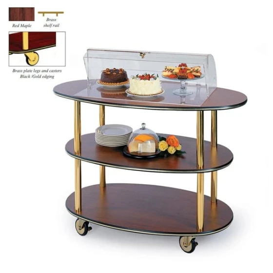 Geneva 36303-04 3 Oval Shelf Table Side Service Cart with Acrylic Roll Top Dome and Red Maple Finish - 23" x 44" x 44 1/4"