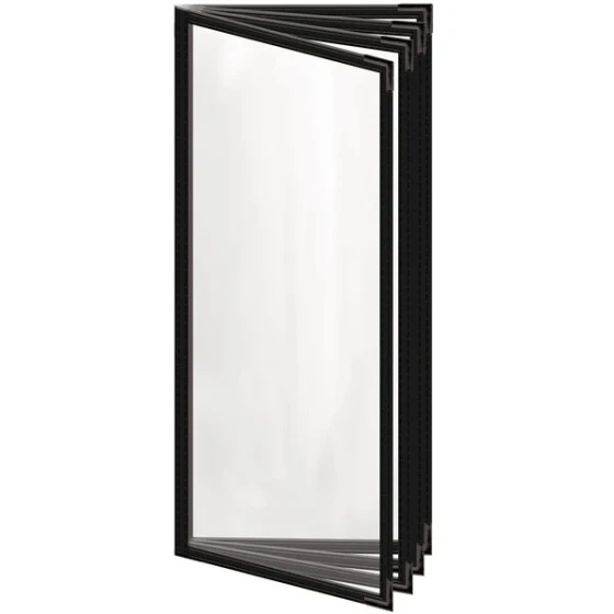 H. Risch, Inc. TEDD Deluxe Sewn 4 1/4" x 11" Black 8 View Menu Cover with Black Smooth Corners and Gloss Finish