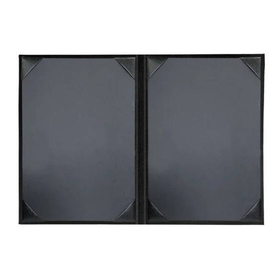 H. Risch, Inc. 5 1/2" x 8 1/2" Black Tuxedo Leather Customizable 2 View Menu Cover with Picture Corners