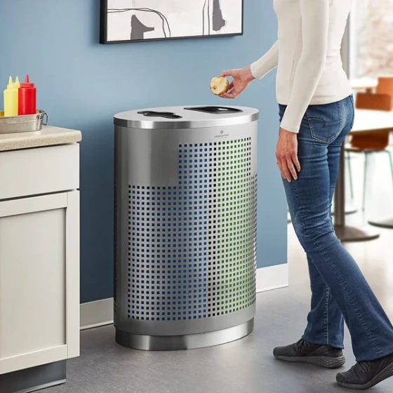 Lancaster Table & Seating 32 Gallon Stainless Steel Elliptical Two-Stream Decorative Trash Can with Trash and Recycle Openings