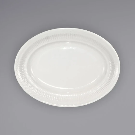 International Tableware Athena 11 7/8" x 9 1/4" Ivory (American White) Wide Rim Rolled Edge Embossed Stoneware Platter - 12/Case