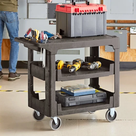 Lavex Medium Black 3-Shelf Utility Cart with Flat Top and Built-In Tool Compartment - 38" x 18 3/4" x 32 1/4"