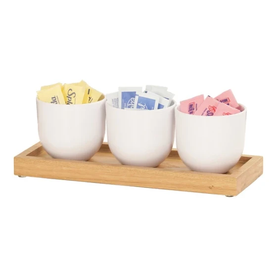 Cal-Mil Sydney 12 3/4" x 5" x 4 1/2" Oak Condiment Organizer with 3 White Round Melamine Jars