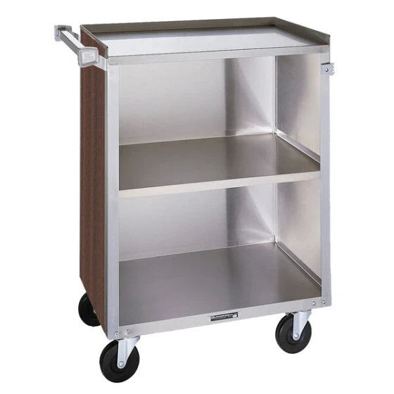 Lakeside 810W 3 Shelf Medium Duty Stainless Steel Utility Cart with Enclosed Base and Walnut Finish - 16 7/8" x 28 1/4" x 34 1/2"
