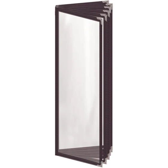 H. Risch, Inc. TE-12V Deluxe Sewn 4 1/4" x 14" Brown 12 View Vinyl Menu Cover with Silver Decorative Corners and Gloss Finish