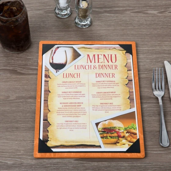 Menu Solutions WDPIX-C Mandarin 8 1/2" x 11" Customizable Wood Menu Board with Picture Corners