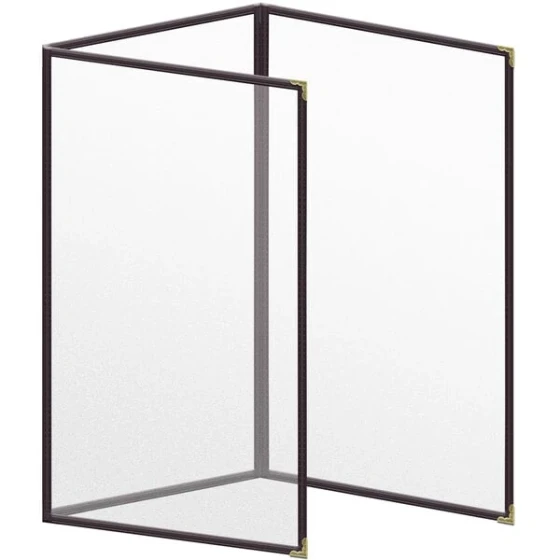 H. Risch, Inc. TET Deluxe Sewn 8 1/2" x 14" Brown 6 View Foldout Vinyl Menu Cover With Gold Decorative Corners and Matte Finish
