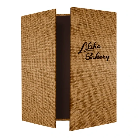 Menu Solutions WK155C Water Street Wicker 4 1/4" x 8 1/2" x 11" Customizable Gatefold Style 3 View Menu Cover