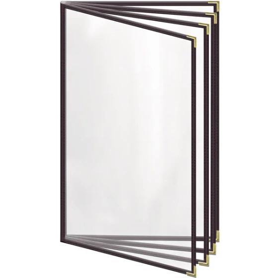 H. Risch, Inc. TEDD Deluxe Sewn 8 1/2" x 14" Brown 8 View Menu Cover with Gold Smooth Corners and Gloss Finish