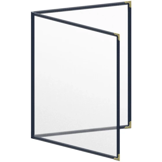 H. Risch, Inc. TED Deluxe Sewn 8 1/2" x 11" Blue 4 View Menu Cover with Gold Decorative Corners and Matte Finish