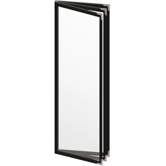 H. Risch, Inc. TETB Deluxe Sewn 4 1/4" x 14" Black 6 View Vinyl Menu Cover with Silver Decorative Corners and Matte Finish