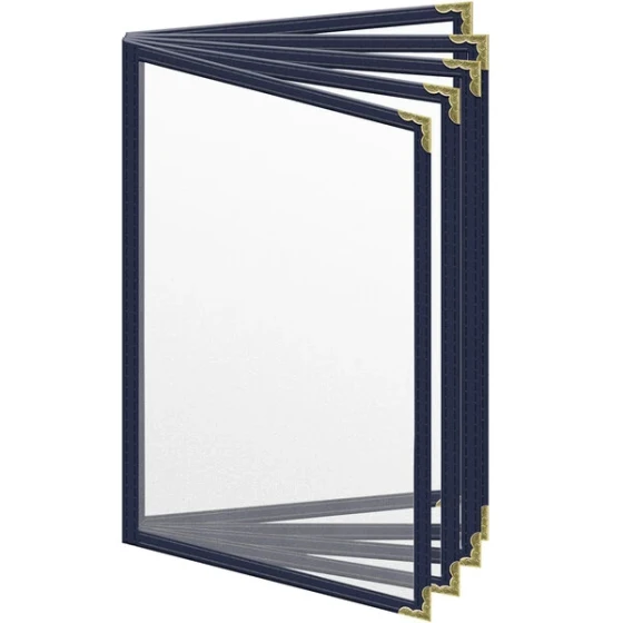H. Risch, Inc. TE-10V Deluxe Sewn 5 1/2" x 8 1/2" Blue 10 View Vinyl Menu Cover with Gold Decorative Corners and Matte Finish