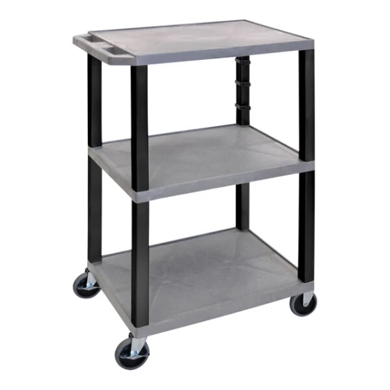 Luxor Tuffy 24" x 18" x 42 1/2" Gray / Black Plastic 3-Shelf Powered Utility Cart with Heavy-Duty Casters, Electrical Assembly, and Cord Storage UCPL1GYE-B