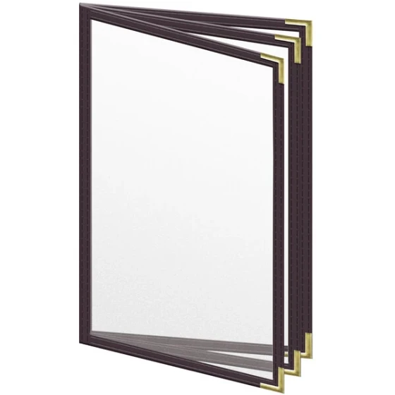 H. Risch, Inc. TETB Deluxe Sewn 5 1/2" x 8 1/2" Brown 6 View Vinyl Menu Cover with Gold Smooth Corners and Matte Finish