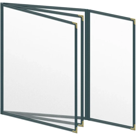 H. Risch, Inc. TETBQ Deluxe Sewn 8 1/2" x 11" Green 8 View Vinyl Menu Cover with Gold Decorative Corners and Matte Finish