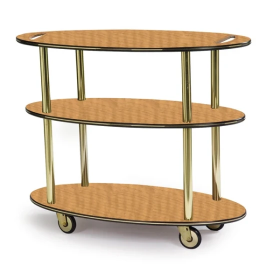 Geneva 36304-10 Oval 3 Shelf Laminate Table Side Service Cart with Handle Cutouts and Amber Maple Finish - 23" x 44" x 35 1/4