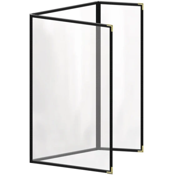 H. Risch, Inc. TEDQ Deluxe Sewn 8 1/2" x 14" Black 6 View Menu Cover with Gold Smooth Corners and Glossy Finish