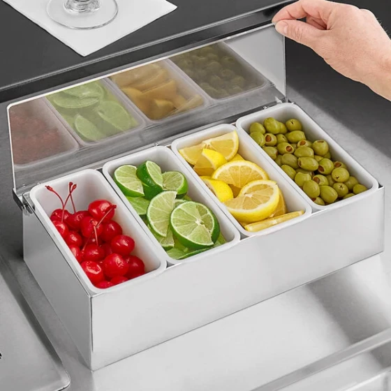 TableCraft 4-Compartment Stainless Steel Condiment Bar with Enclosed Base and (4) 1 Pint Plastic Inserts