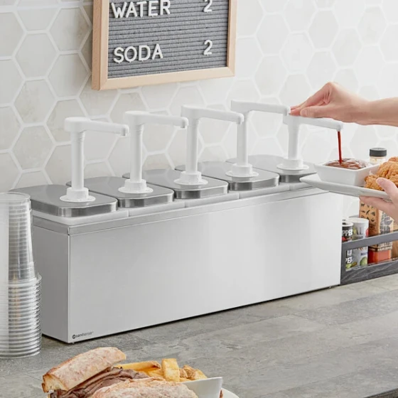 ServSense Quintuple 2 Qt. Stainless Steel Condiment Dispenser - 5 Plastic Pumps, 1 oz. Portions