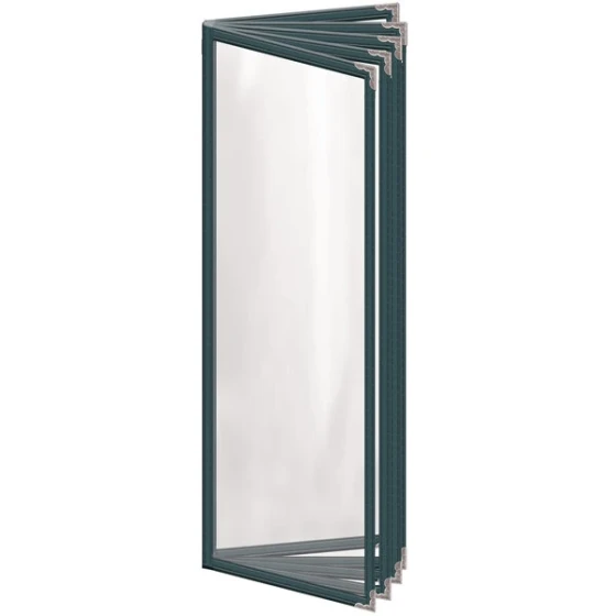 H. Risch, Inc. TE-10V Deluxe Sewn 4 1/4" x 14" Green 10 View Vinyl Menu Cover with Silver Decorative Corners and Gloss Finish