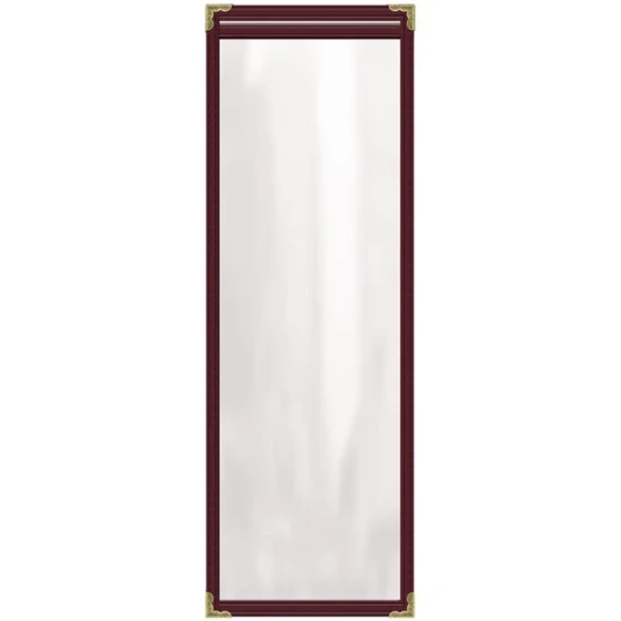 H. Risch, Inc. TES Deluxe Sewn 4 1/4" x 14" Maroon 2 View Vinyl Menu Cover with Gold Decorative Corners and Gloss Finish