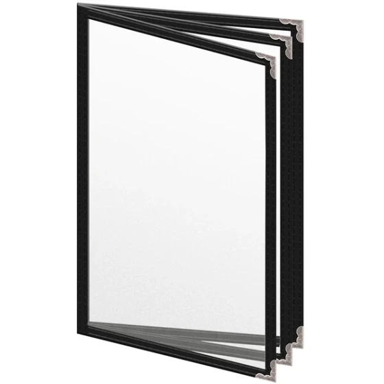 H. Risch, Inc. TETB Deluxe Sewn 5 1/2" x 8 1/2" Black 6 View Vinyl Menu Cover with Silver Decorative Corners and Matte Finish