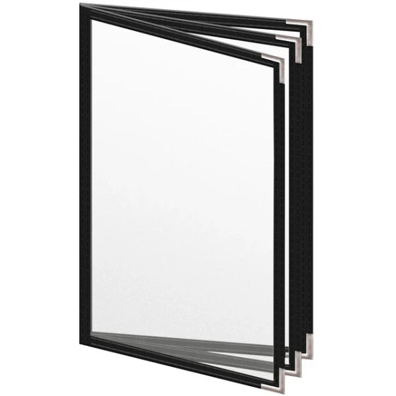 H. Risch, Inc. TETB Deluxe Sewn 5 1/2" x 8 1/2" Black 6 View Vinyl Menu Cover with Silver Smooth Corners and Matte Finish