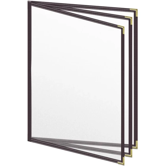 H. Risch, Inc. TETB Deluxe Sewn 8 1/2" x 11" Brown 6 View Vinyl Menu Cover with Gold Smooth Corners and Matte Finish