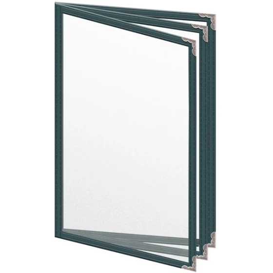 H. Risch, Inc. TETB Deluxe Sewn 5 1/2" x 8 1/2" Green 6 View Vinyl Menu Cover with Silver Decorative Corners and Matte Finish
