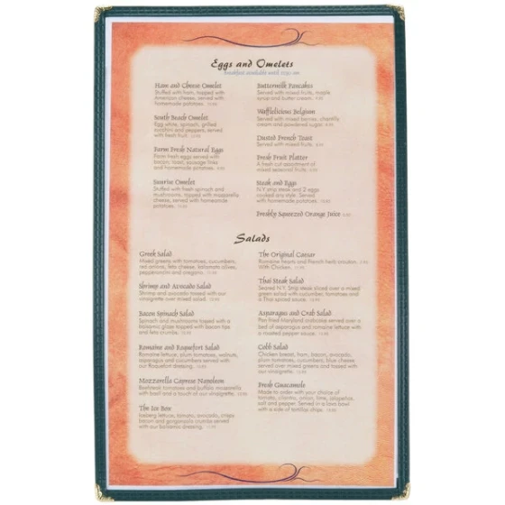 Menu Solutions SE300D-GREEN 8 1/2" x 14" Green Single Panel Menu Jacket with 2 Views