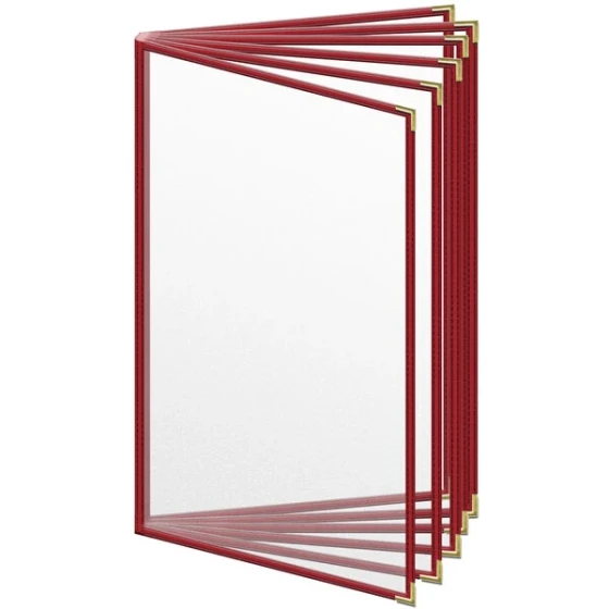 H. Risch, Inc. TE-12V Deluxe Sewn 8 1/2" x 14" Red 12 View Vinyl Menu Cover with Gold Smooth Corners and Matte Finish