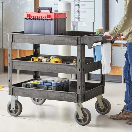 Lavex Large Black 3-Shelf Utility Cart with Premium Handle, Built-In Tool Compartments, and Oversized Wheels - 46 3/4" x 25 1/2" x 33 1/2"