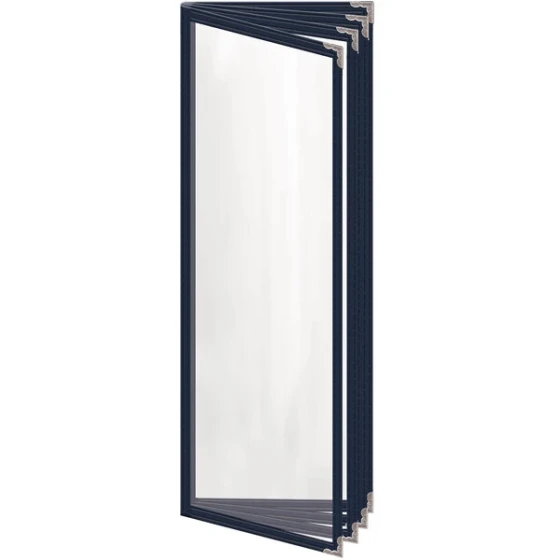 H. Risch, Inc. TEDD Deluxe Sewn 4 1/4" x 14" Blue 8 View Menu Cover with Silver Decorative Corners and Gloss Finish