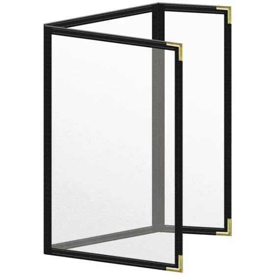 H. Risch, Inc. TEDQ Deluxe Sewn 5 1/2" x 8 1/2" Black 6 View Menu Cover with Gold Smooth Corners and Matte Finish
