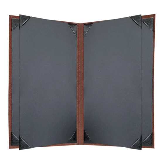 H. Risch, Inc. 8 1/2" x 14" Brown Tuxedo Leather Customizable 6 View Menu Cover with Picture Corners