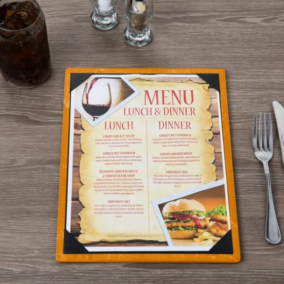 Menu Solutions WDPIX-C Country Oak 8 1/2" x 11" Customizable Wood Menu Board with Picture Corners