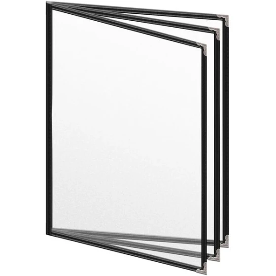 H. Risch, Inc. TETB Deluxe Sewn 8 1/2" x 11" Black 6 View Vinyl Menu Cover with Silver Decorative Corners and Matte Finish