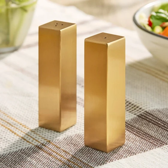American Metalcraft SPDG33 2 oz. Gold Stainless Steel Rectangular Salt and Pepper Shaker Set - 12/Case