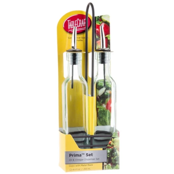 TableCraft Prima 8.5 oz. 3-Piece Green Tinted Glass Oil and Vinegar Cruet Set with Black Rack - 6/Case