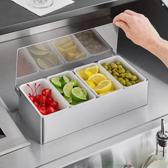 TableCraft 4-Compartment Stainless Steel Condiment Bar with (4) 1 Pint Plastic Inserts